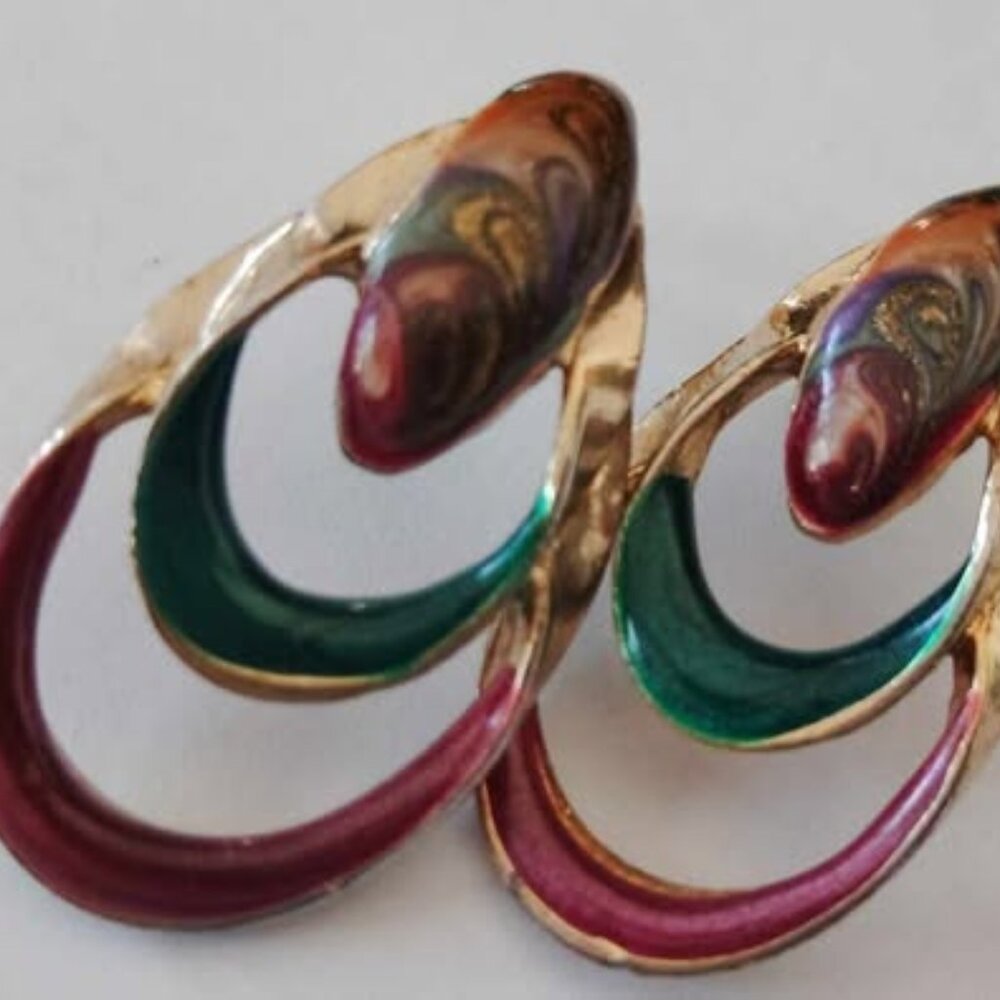 Vintage Metallic Swirl Enamel Gold Teardrop Post Earrings (gently used)